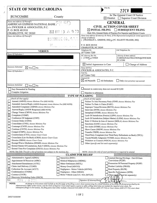 SoloSuit NC Civil Cover Sheet Example